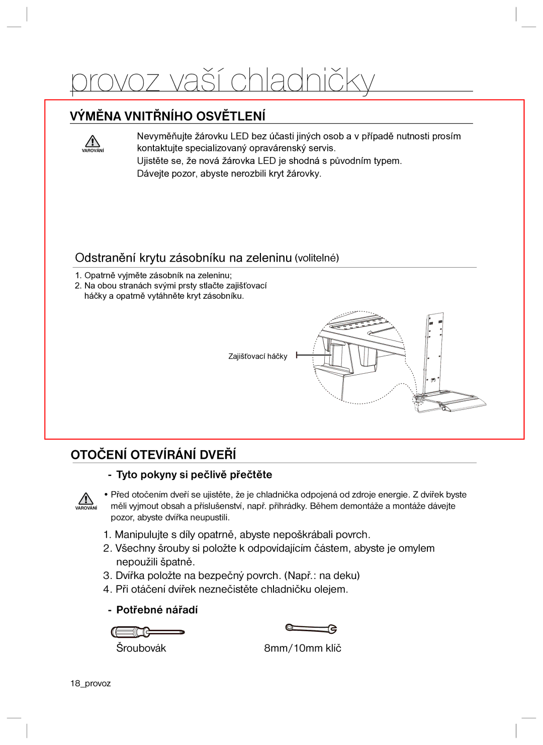 Samsung RL34SCPS1/XEO, RL34HGPS1/XEO Výměna Vnitřního Osvětlení, Otočení Otevírání Dveří, Tyto pokyny si pečlivě přečtěte 