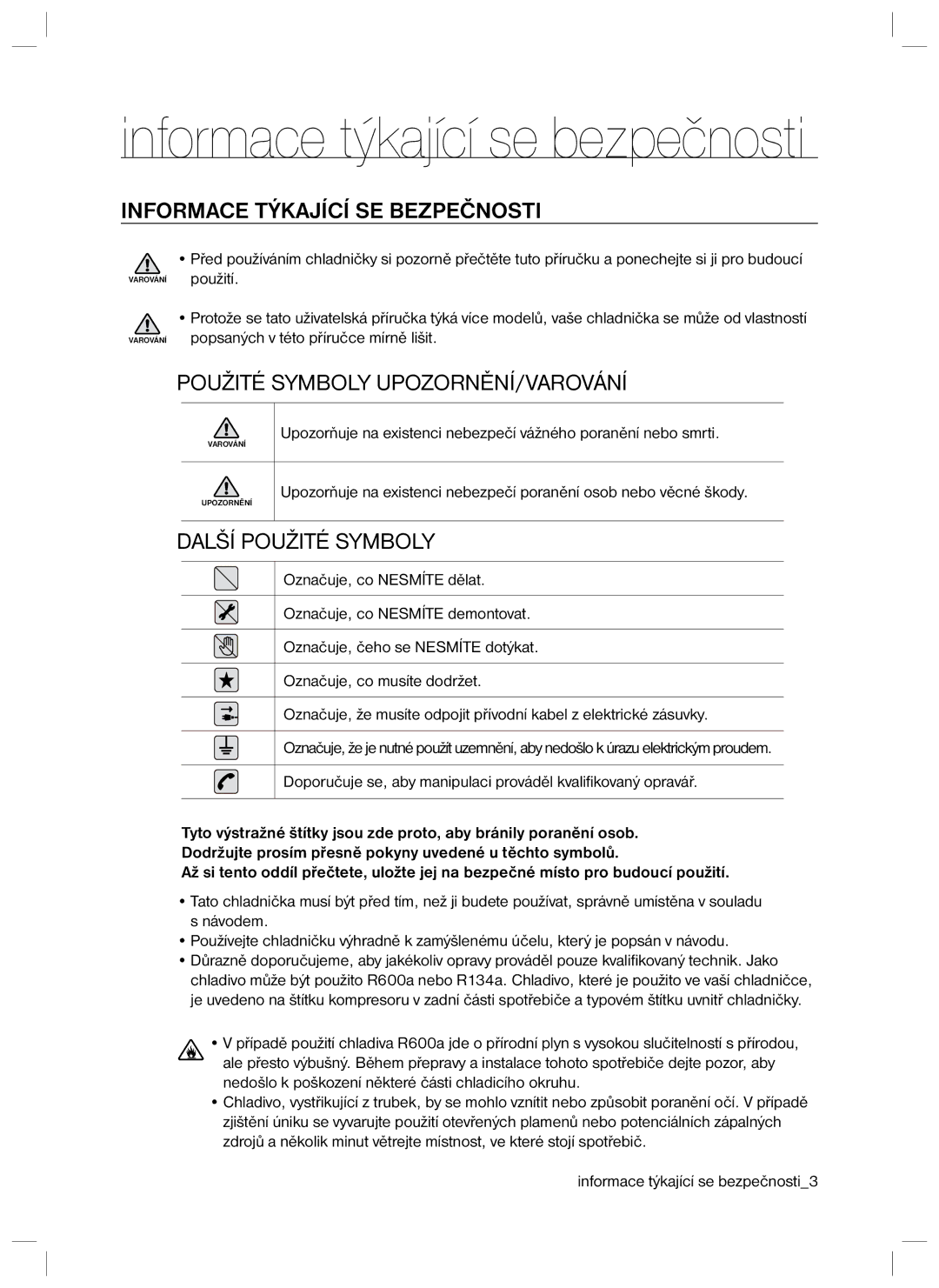 Samsung RL34HGPS1/XEO, RL34SCPS1/XEO manual Informace týkající se bezpečnosti, Informace Týkající SE Bezpečnosti 