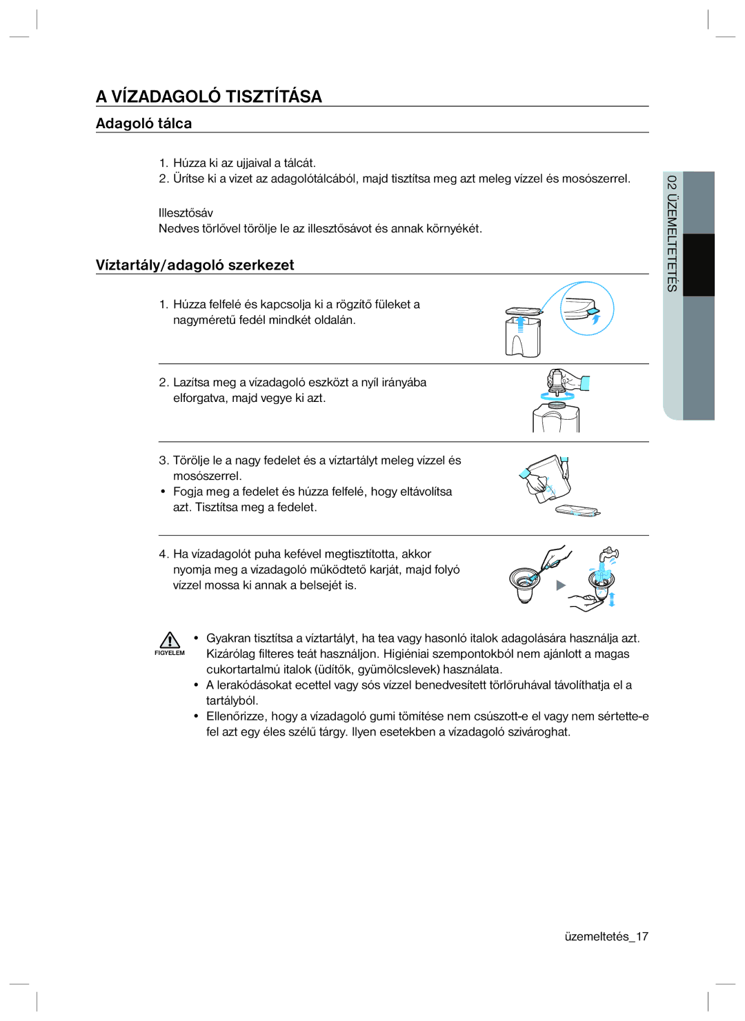 Samsung RL34SCSW2/XES, RL34SCPS1/XEO, RL34SCSW1/XEG manual Vízadagoló Tisztítása, Adagoló tálca, Víztartály/adagoló szerkezet 