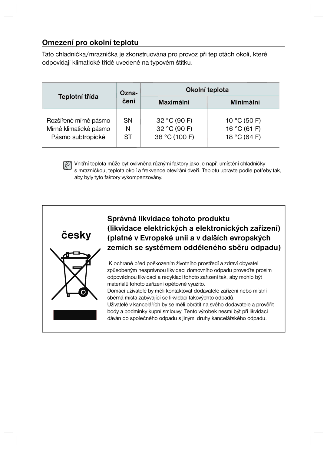 Samsung RL34SCSW1/XEO, RL34SCPS1/XEO manual Omezení pro okolní teplotu, Teplotní třída Ozna Okolní teplota, Minimální 