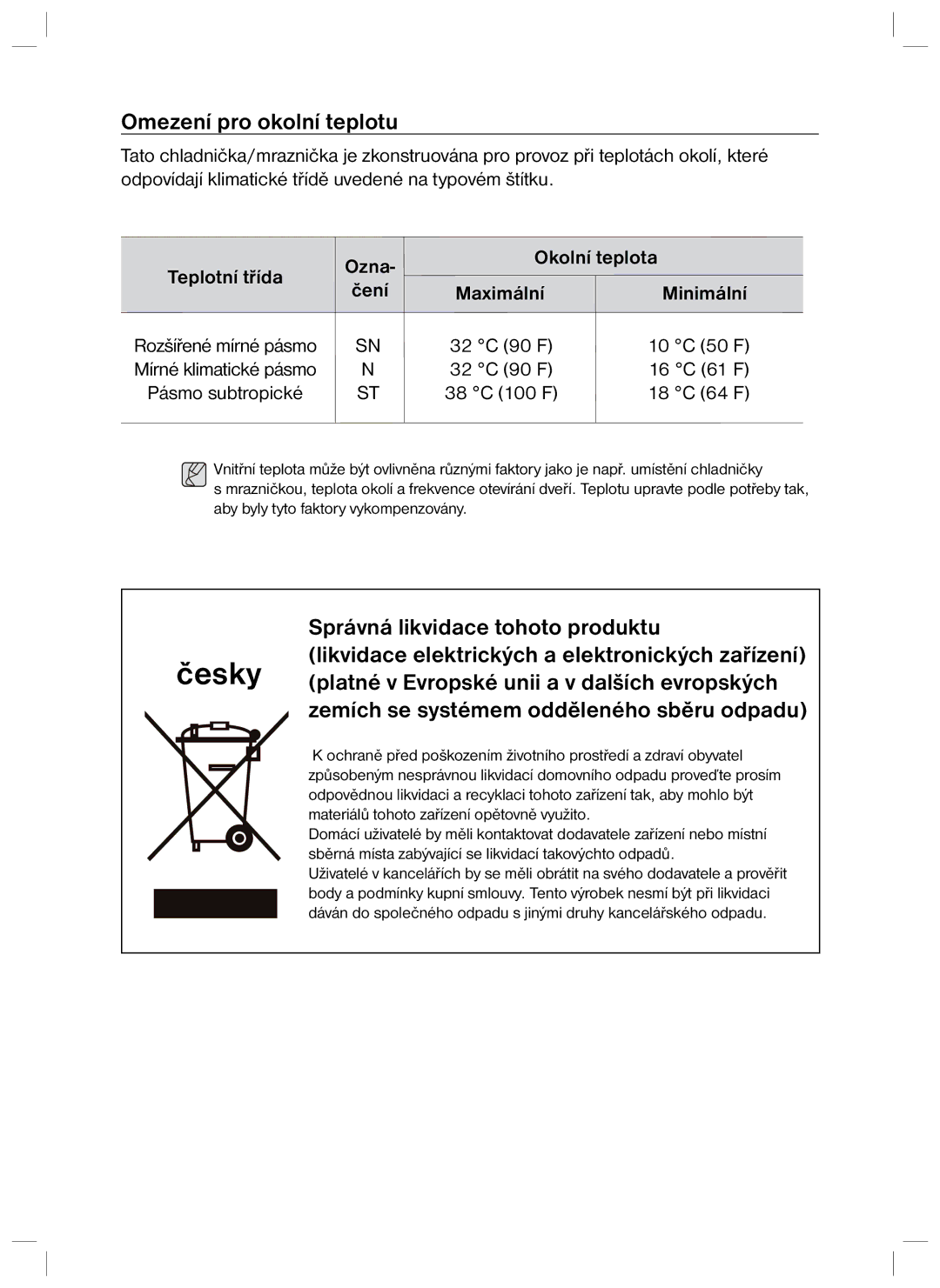 Samsung RL34SGSW1/XEO, RL34SCPS1/XEO manual Omezení pro okolní teplotu, Teplotní třída Ozna Okolní teplota, Minimální 