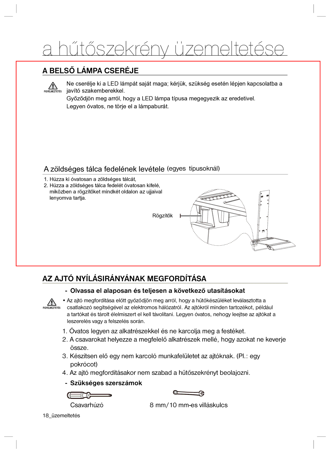 Samsung RL34HGPS1/XEO, RL34SCPS1/XEO manual Belső Lámpa Cseréje, AZ Ajtó Nyílásirányának Megfordítása, Szükséges szerszámok 