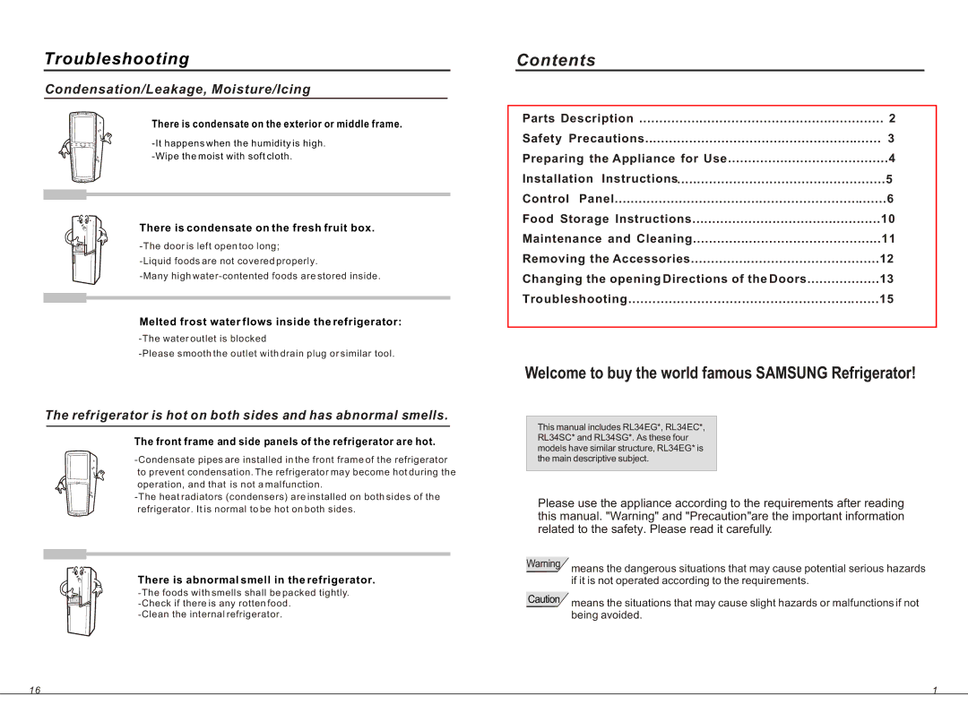 Samsung RL34SCSW1/XEO manual Contents 