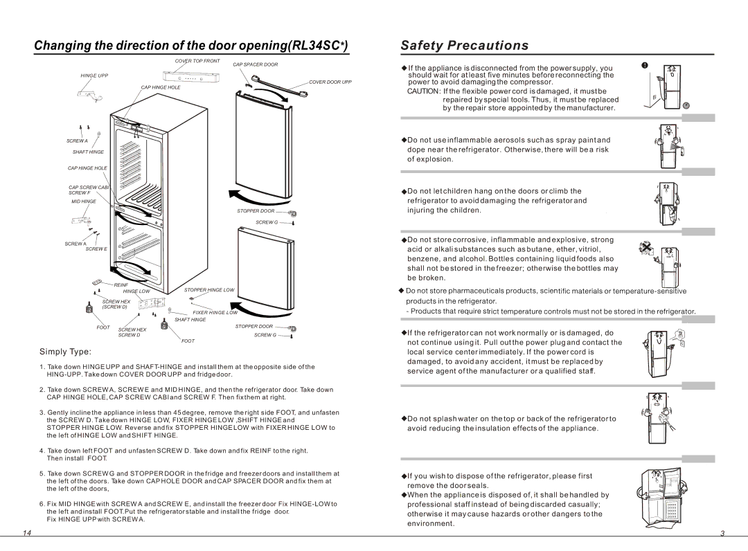 Samsung RL34SCSW1/XEO manual Changing the direction of the door openingRL34SC, Safety Precautions 