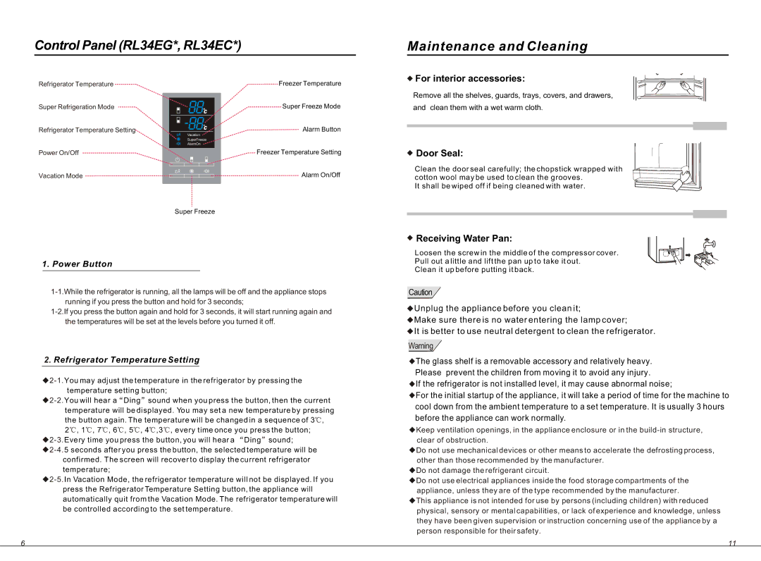 Samsung RL34SCSW1/XEO manual Control Panel RL34EG*, RL34EC Maintenance and Cleaning, Power Button 