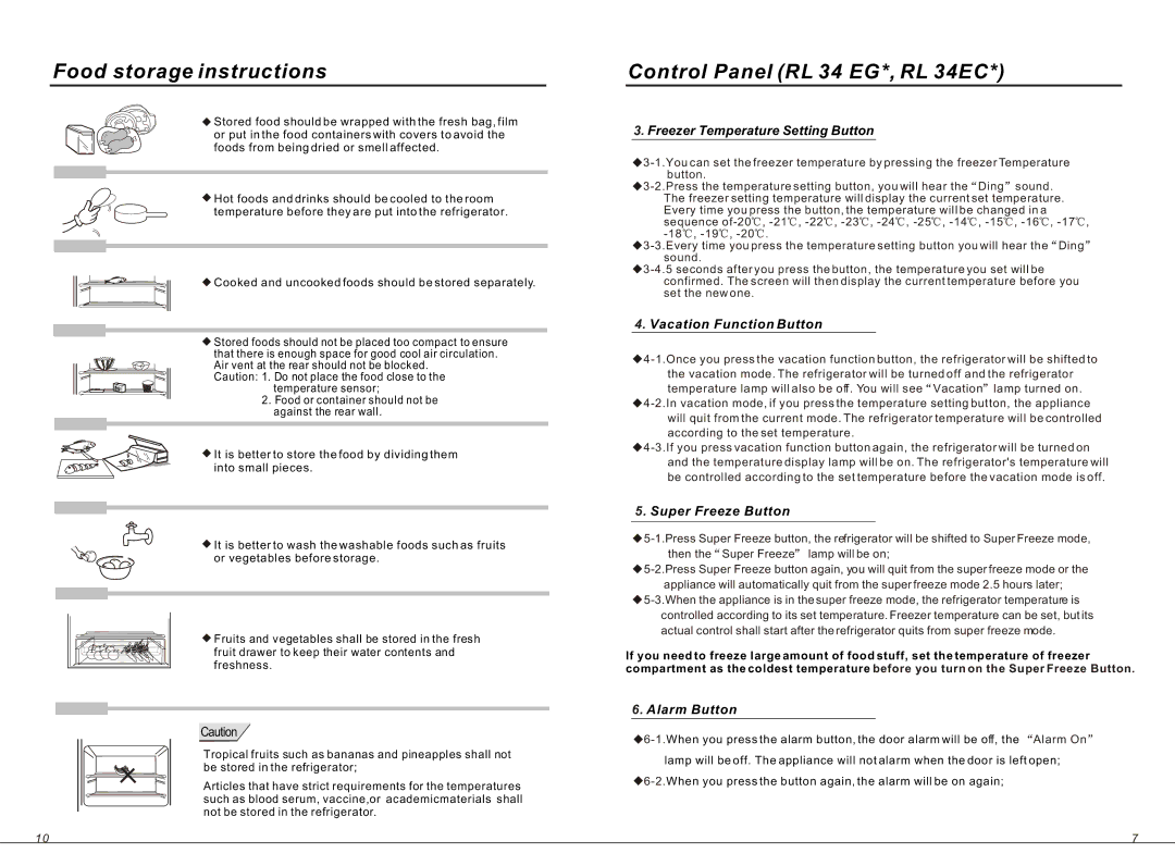 Samsung RL34SCSW1/XEO manual Food storage instructions, Control Panel RL 34 EG*, RL 34EC 