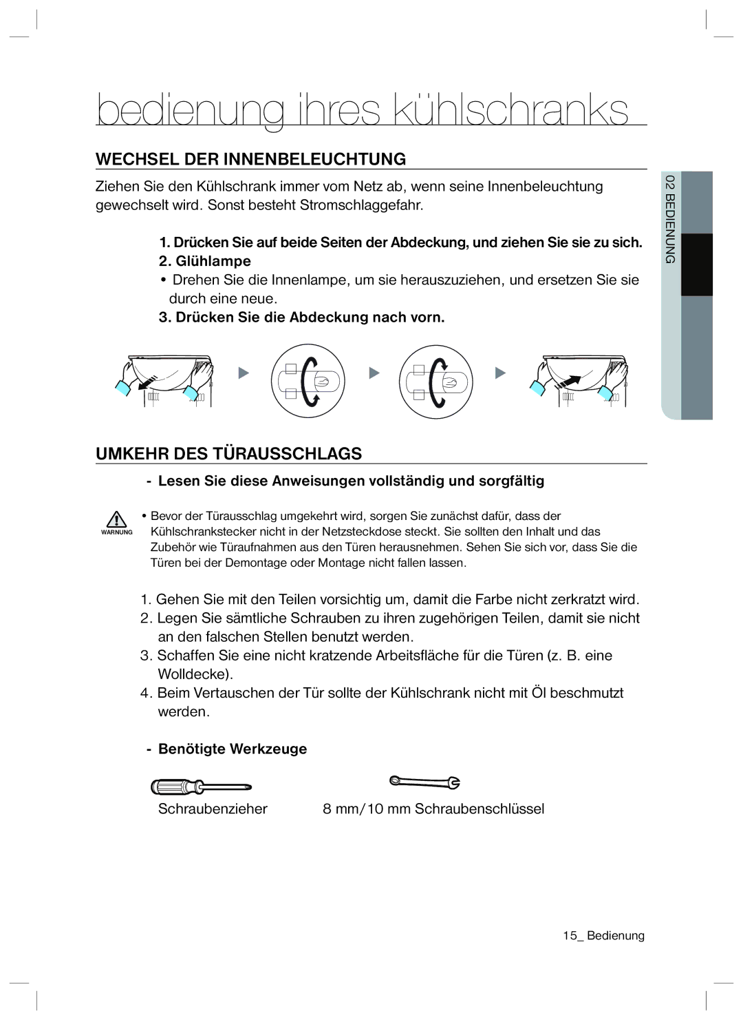 Samsung RL34SCPS2/XEG, RL34SCSW2/XEG manual Wechsel DER Innenbeleuchtung, Umkehr DES Türausschlags 