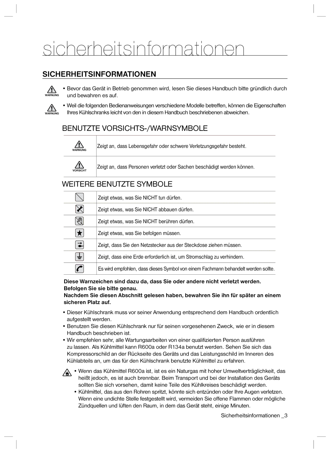 Samsung RL34SCPS2/XEG, RL34SCSW2/XEG manual Sicherheitsinformationen 