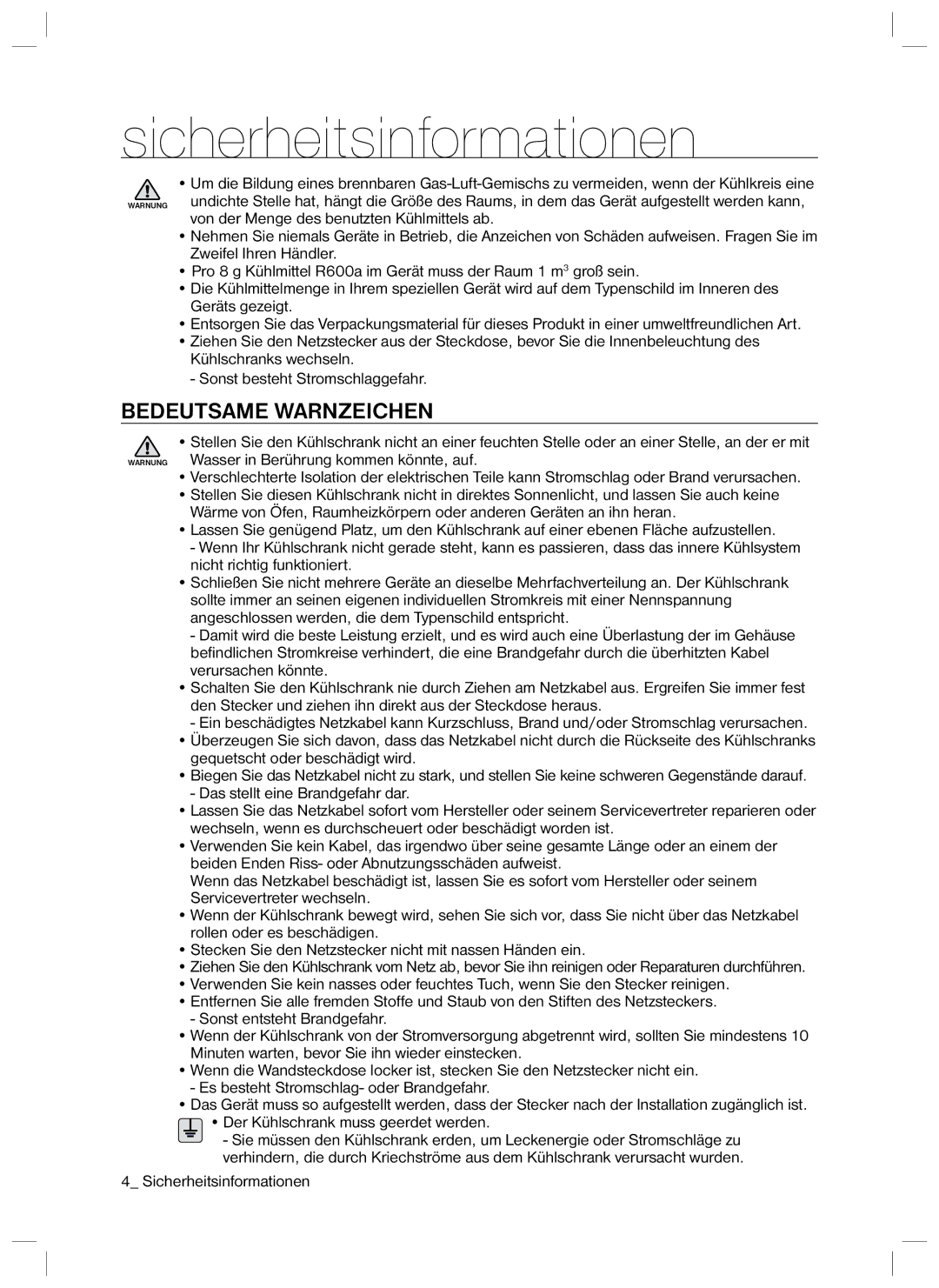 Samsung RL34SCSW2/XEG, RL34SCPS2/XEG manual Bedeutsame Warnzeichen 