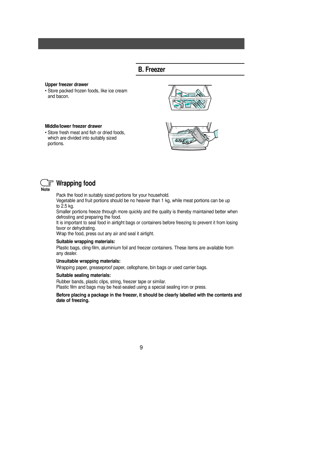 Samsung RL36EBSW1/XEE, RL36EBMS1/XEE manual Freezer, Wrapping food 