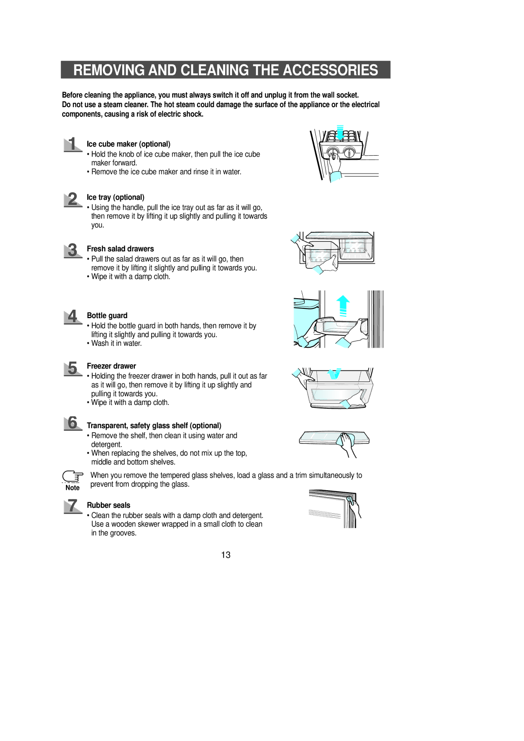 Samsung RL36EBSW1/XEE, RL36EBMS1/XEE manual Ice tray optional, Freezer drawer, Rubber seals 