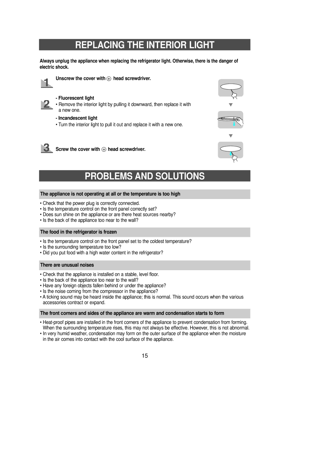 Samsung RL36EBSW1/XEE, RL36EBMS1/XEE manual Replacing the Interior Light, Problems and Solutions 