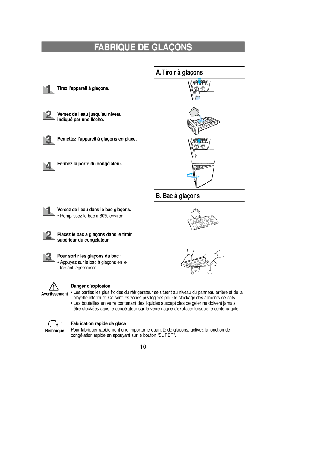 Samsung RL36EBSM1/XET, RL36EBSW1/XEF Fabrique DE Glaçons, Tirez l’appareil à glaçons, Versez de l’eau dans le bac glaçons 