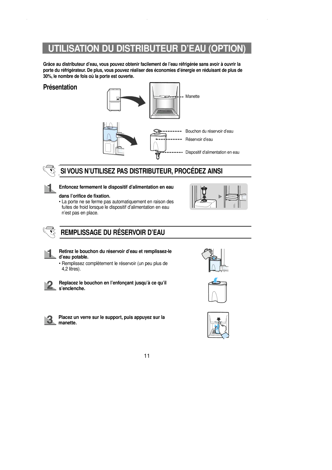 Samsung RL36EBSW1/XEF, RL39WBSM1/XEF, RL39SBSM1/XES, RL36EBSM1/XET manual Utilisation DU Distributeur D’EAU Option 