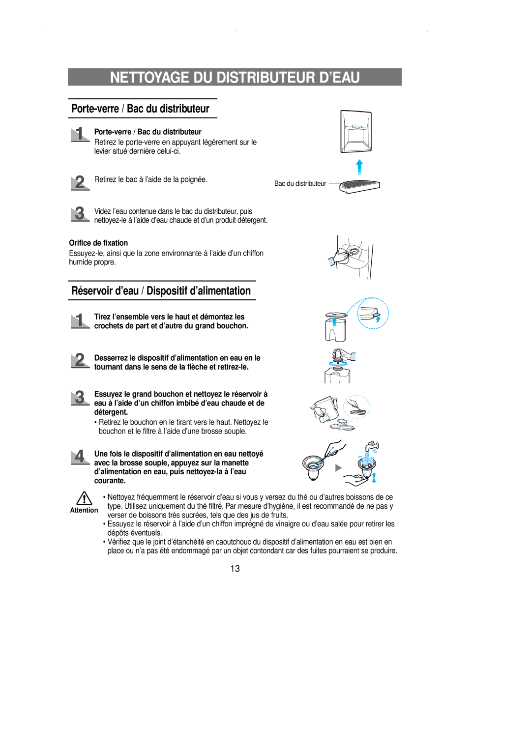 Samsung RL39SBSM1/XES manual Nettoyage DU Distributeur D’EAU, Porte-verre / Bac du distributeur, Orifice de fixation 