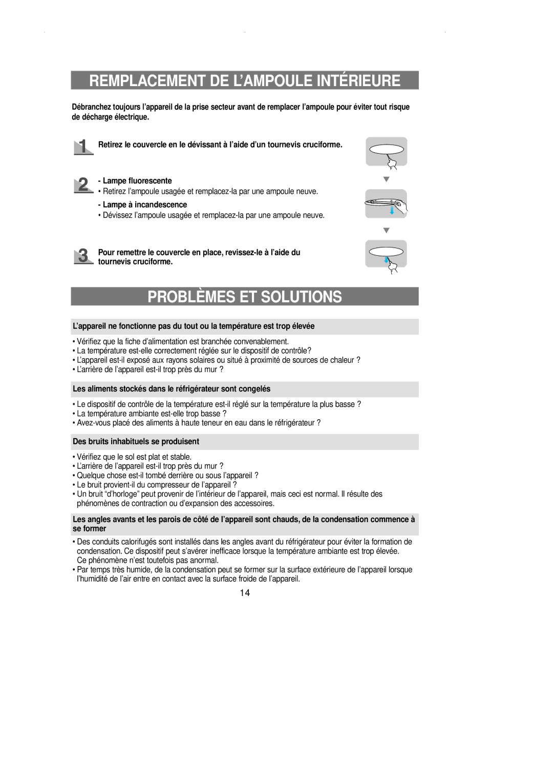 Samsung RL36EBSM1/XET, RL36EBSW1/XEF Remplacement DE L’AMPOULE Intérieure, Problèmes ET Solutions, Lampe à incandescence 