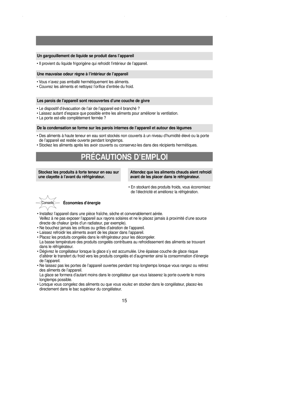 Samsung RL36EBSW1/XEF, RL39WBSM1/XEF manual Précautions D’EMPLOI, Un gargouillement de liquide se produit dans l’appareil 