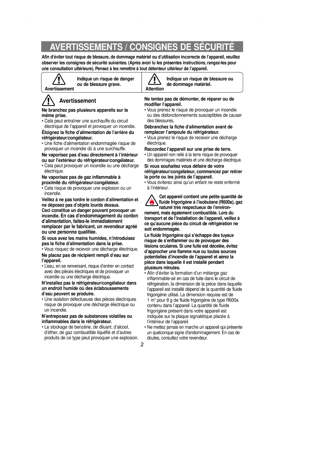 Samsung RL36EBSM1/XET manual Avertissements / Consignes DE Sécurité, Ne branchez pas plusieurs appareils sur la même prise 