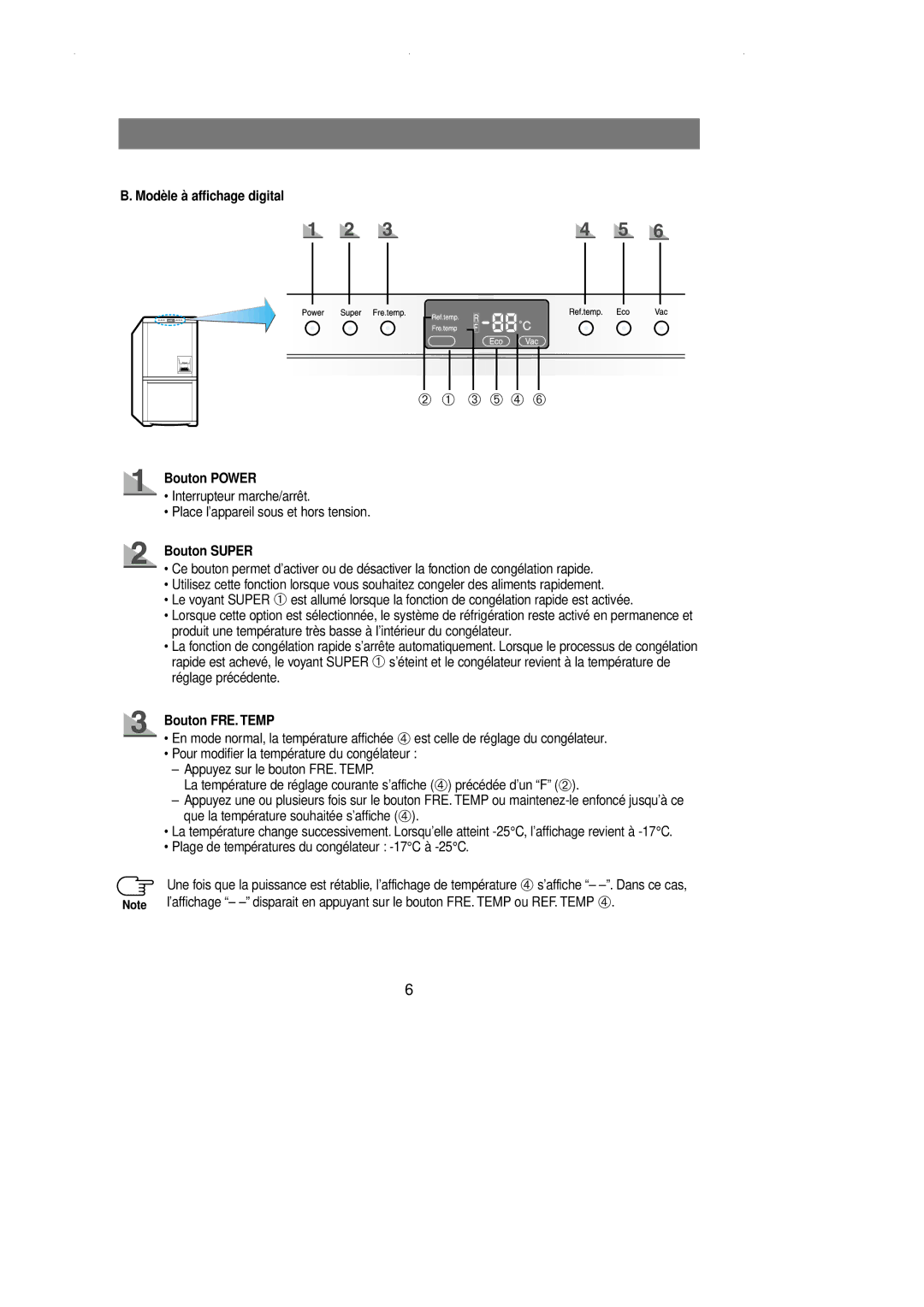 Samsung RL36EBSM1/XET, RL36EBSW1/XEF manual Modèle à affichage digital, Bouton Power, Bouton Super, Bouton FRE. Temp 