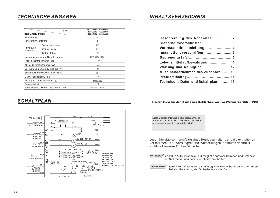 Samsung RL33SBSW1/XEG manual Technische Angaben Inhaltsverzeichnis, Schaltplan, Wichtige Hinweise für Ihre Sicherheit 