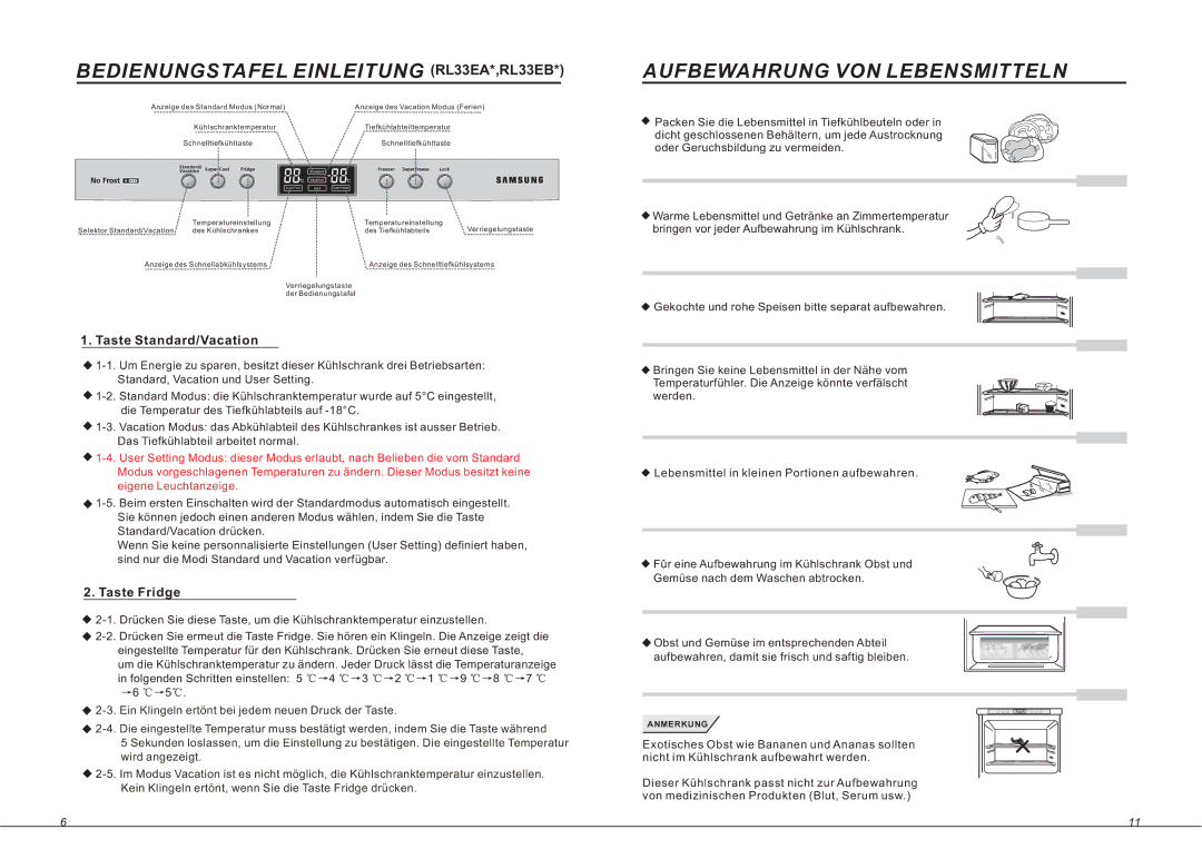 Samsung RL33SBSW1/XEG Bedienungstafel Einleitung RL33EA*,RL33EB, Aufbewahrung VON Lebensmitteln, Taste Standard/Vacation 