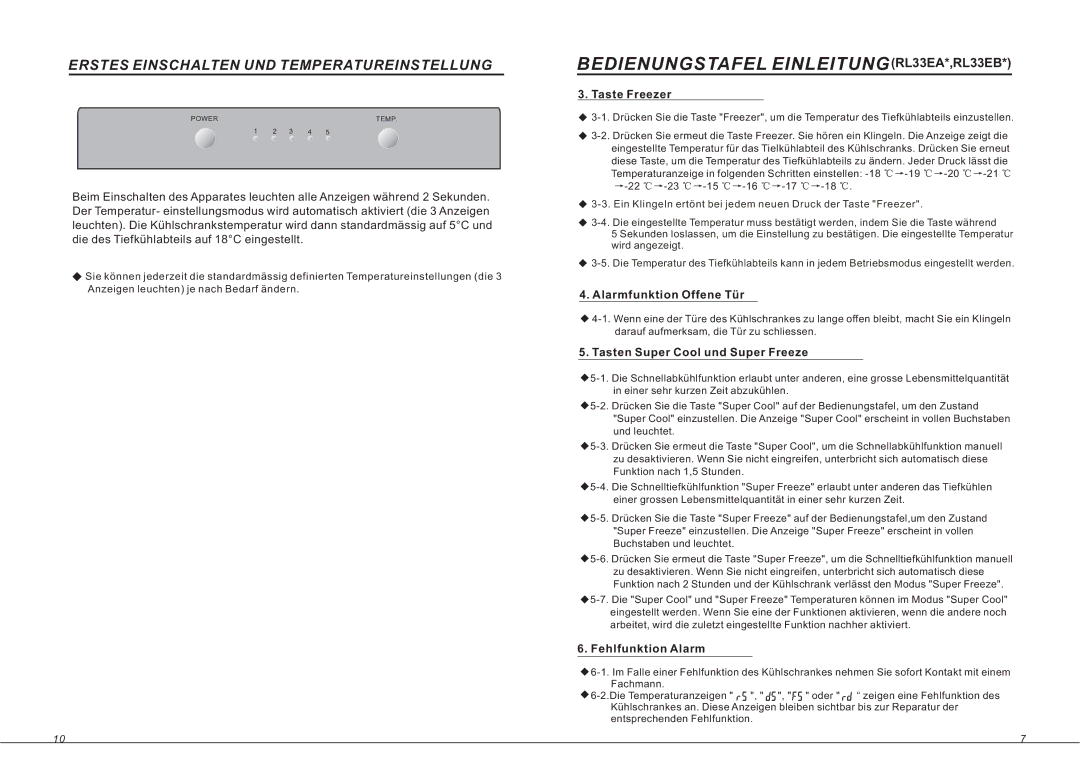 Samsung RL33SBMS1/XEG, RL36EBSW1/XEG Bedienungstafel EINLEITUNGRL33EA*,RL33EB, Taste Freezer, Alarmfunktion Offene Tür 