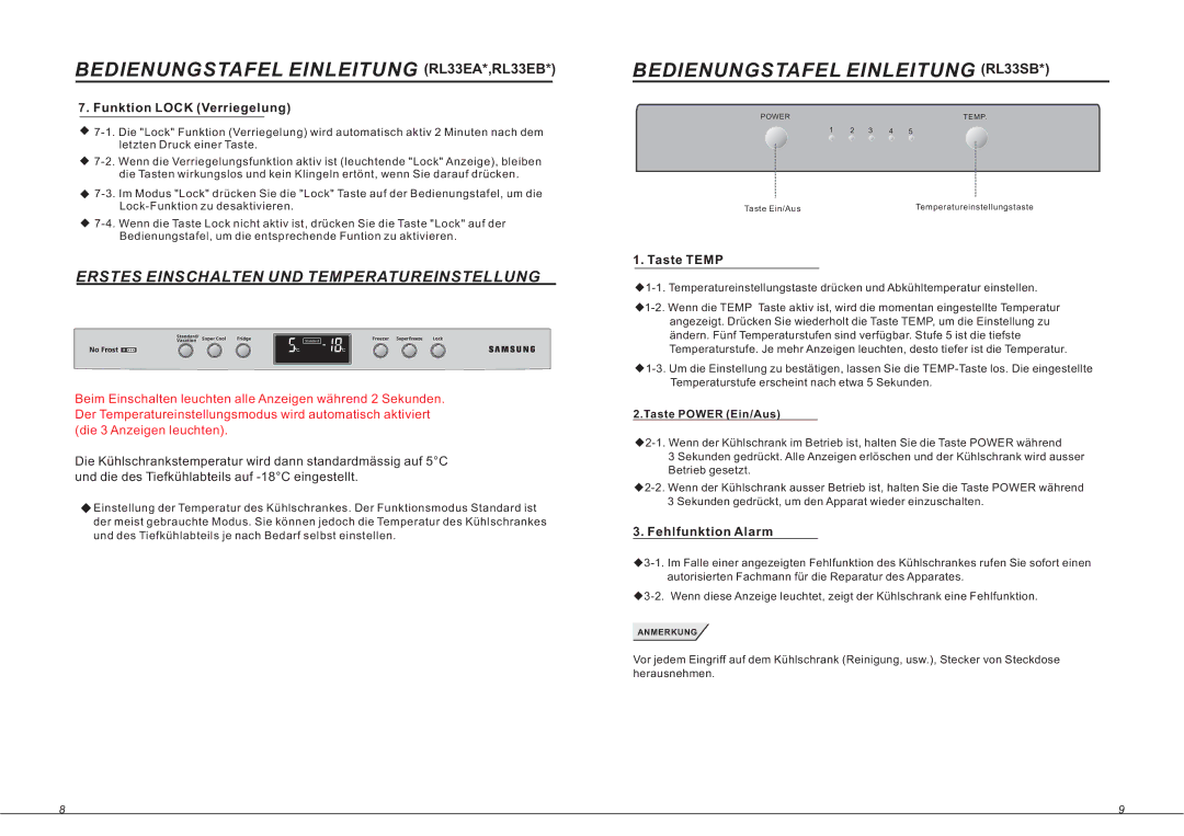 Samsung RL33SAMS1/XEG, RL36EBSW1/XEG manual Bedienungstafel Einleitung RL33SB, Funktion Lock Verriegelung, Taste Temp 