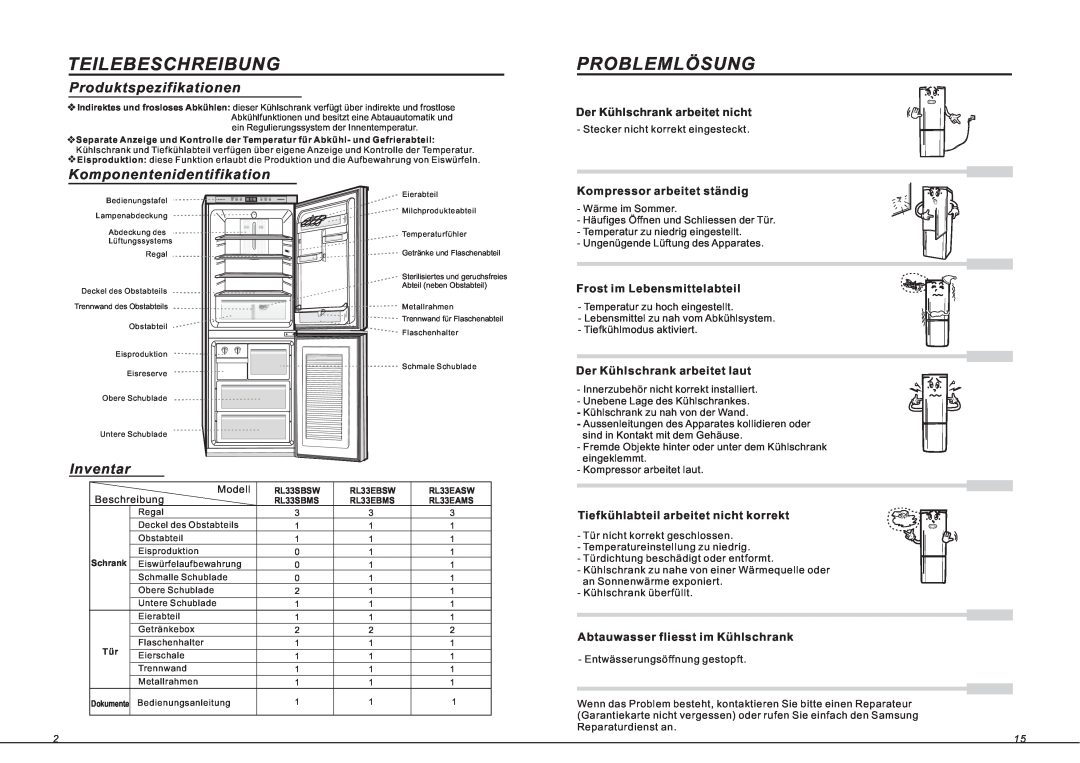 Samsung RL33SBMS1/XEG manual Teilebeschreibung, Problemlösung, Produktspezifikationen, Komponentenidentifikation, Inventar 