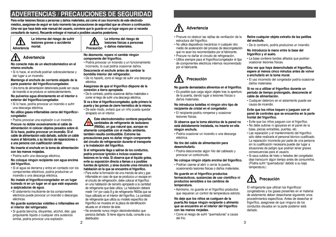 Samsung RL36SBSW1/XEF, RL36EBSW1/XEG, RL36SBSW1/XEG, RL41SBSW1/XES manual Advertencias / Precauciones DE Seguridad, Precaución 