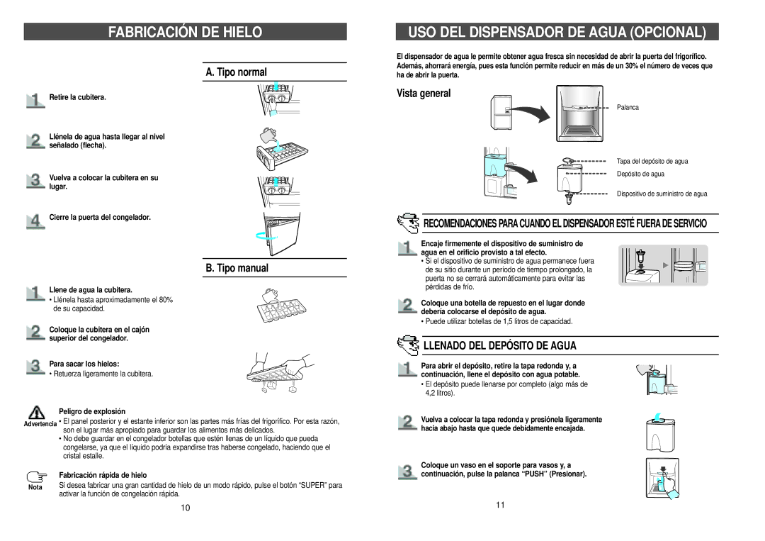 Samsung RL39SBSW2/XES manual Fabricación DE Hielo, USO DEL Dispensador DE Agua Opcional, Llenado DEL Depósito DE Agua 