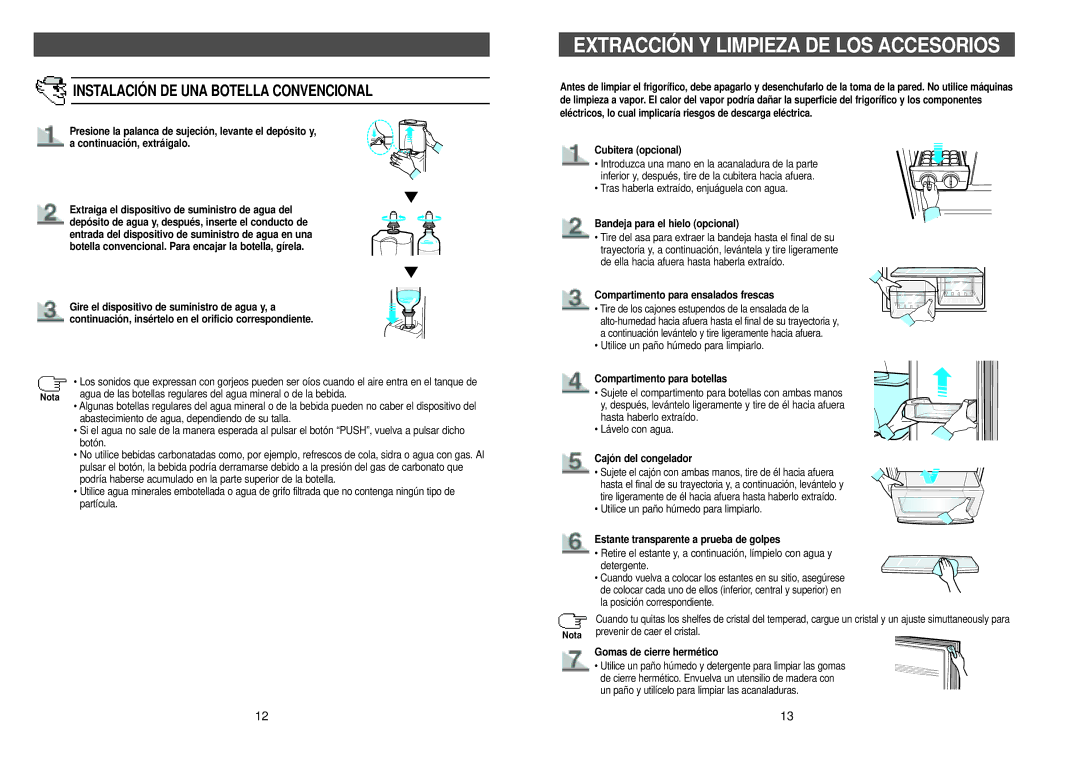 Samsung RL39SBSW1/XES, RL36EBSW1/XEG manual Extracción Y Limpieza DE LOS Accesorios, Instalación DE UNA Botella Convencional 