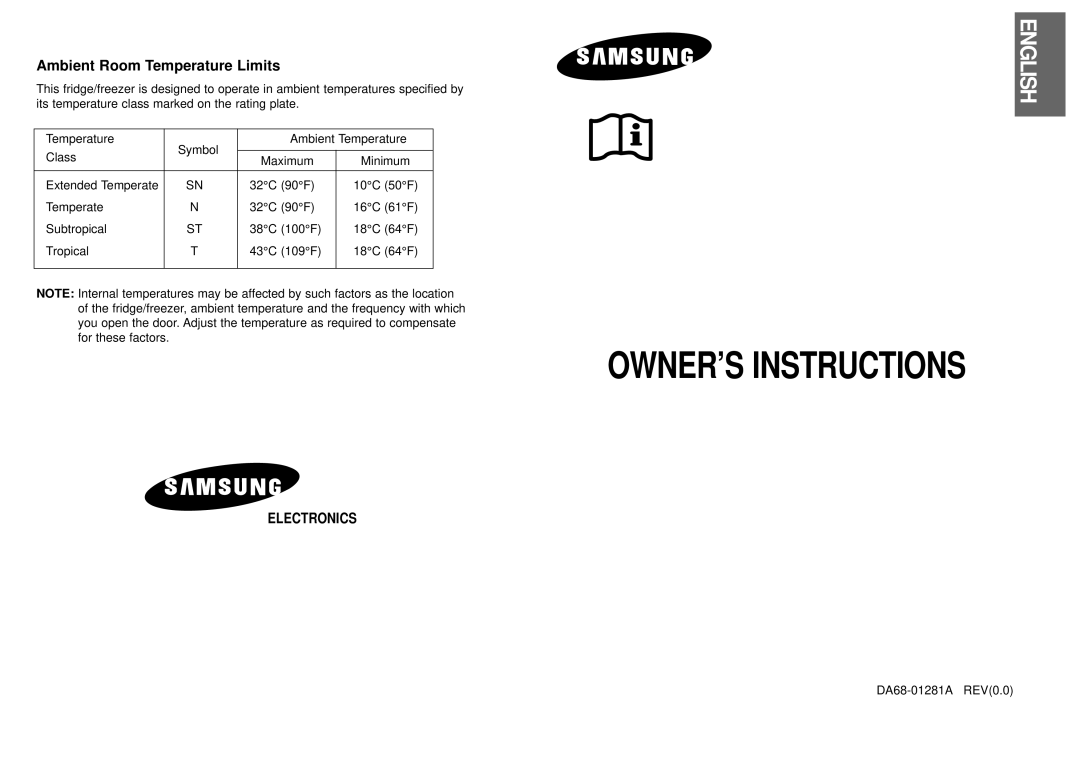 Samsung RL38SBSW1/XEF, RL36EBSW1/XEG, RL38SBSW1/XEG, RL39WBSW1/XEG manual Ambient Room Temperature Limits, Electronics 