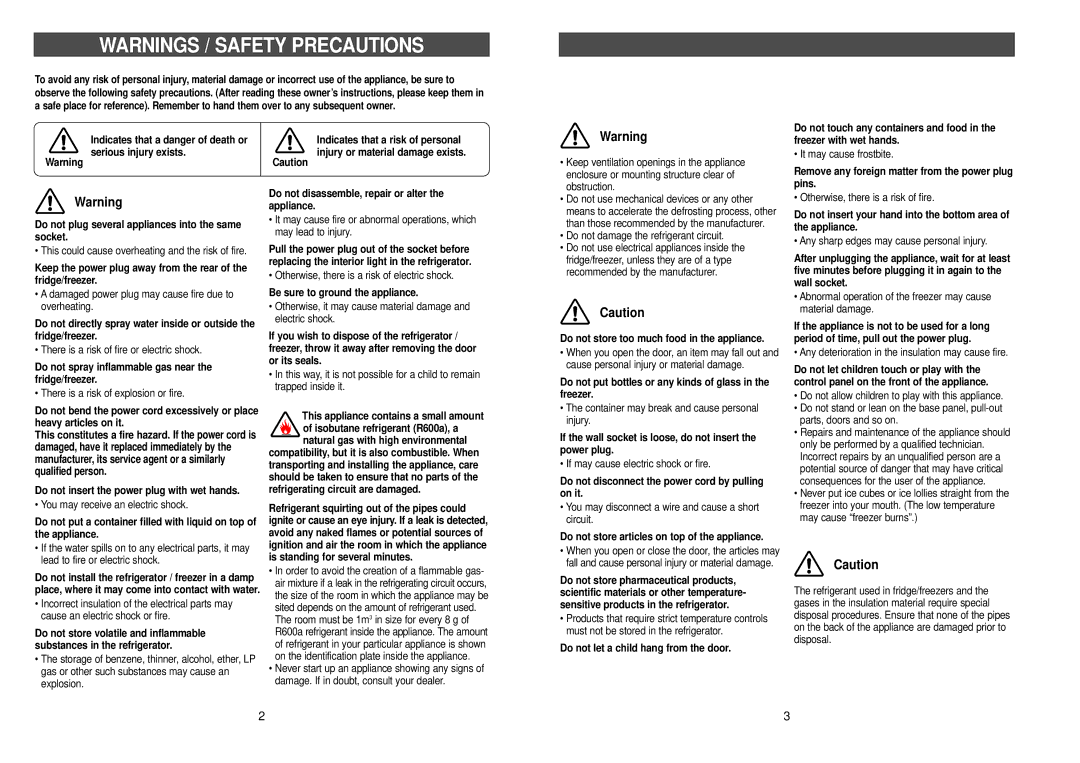 Samsung RL39WBSW1/XEG, RL36EBSW1/XEG Do not spray inflammable gas near the fridge/freezer, Be sure to ground the appliance 