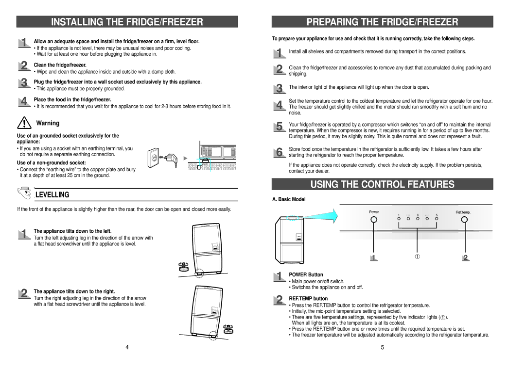 Samsung RL39WBSM1/XET Installing the FRIDGE/FREEZER, Preparing the FRIDGE/FREEZER, Using the Control Features, Levelling 