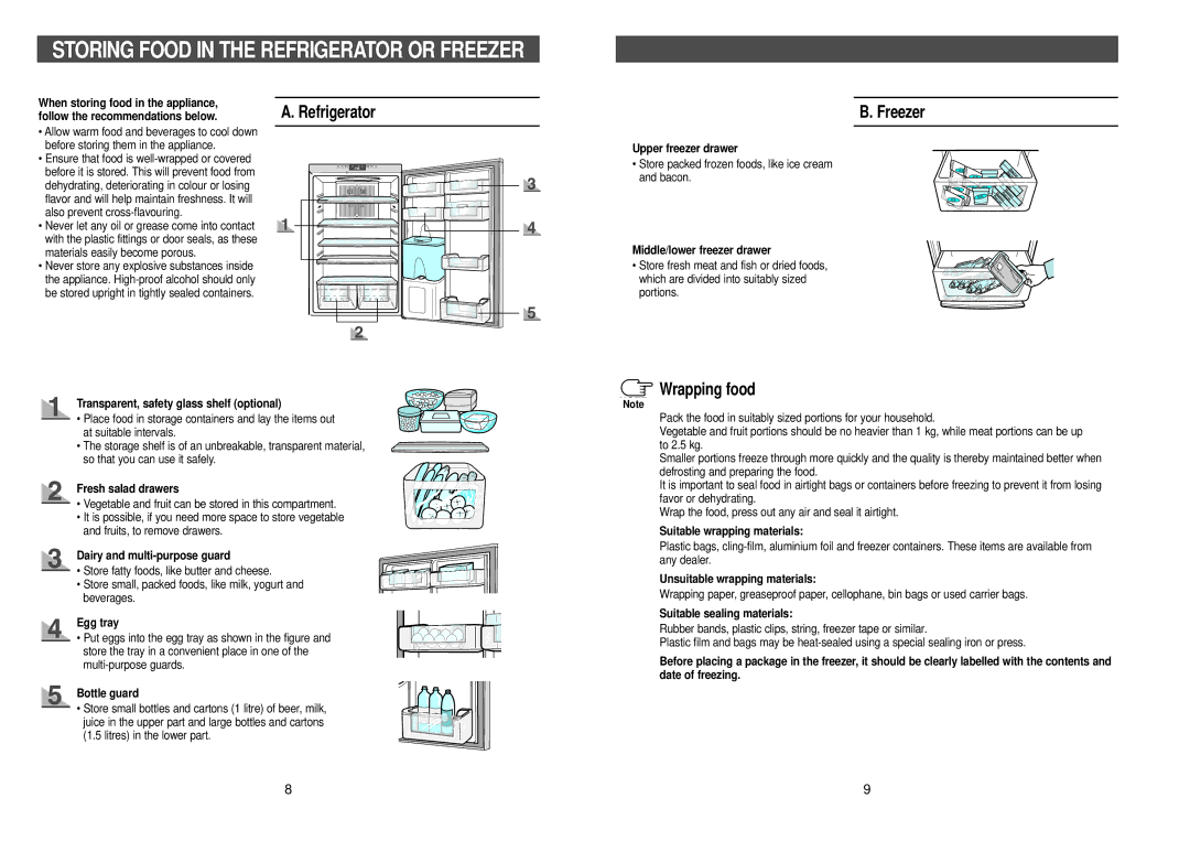 Samsung RL36SBSW1/XEG, RL36EBSW1/XEG, RL38SBSW1/XEG, RL39WBSW1/XEG, RL39WBSM1/XET, RL39WBMS1/XEG manual Freezer, Wrapping food 