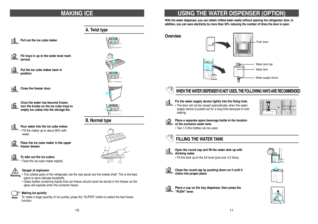 Samsung RL36SBSM1/XEG Making ICE Using the Water Dispenser Option, Twist type Normal type Overview, Filling the Water Tank 