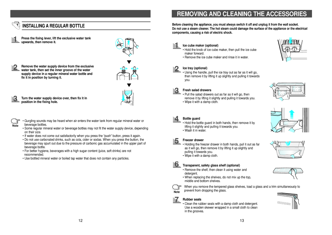 Samsung RL39WBSM1/XEG, RL36EBSW1/XEG, RL38SBSW1/XEG manual Removing and Cleaning the Accessories, Installing a Regular Bottle 