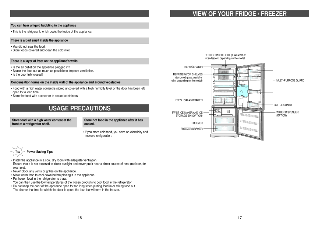 Samsung RL39WBSW1/CAH, RL36EBSW1/XEG, RL38SBSW1/XEG, RL39WBSW1/XEG manual View of Your Fridge / Freezer, Usage Precautions 