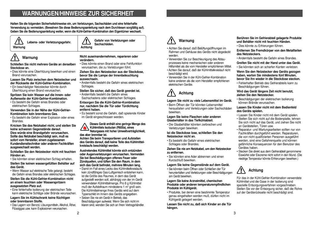 Samsung RL39WBSW1/XEG, RL36EBSW1/XEG, RL38SBSW1/XEG, RL39WBSM1/XET manual WARNUNGEN/HINWEISE ZUR Sicherheit, Warnung, Achtung 