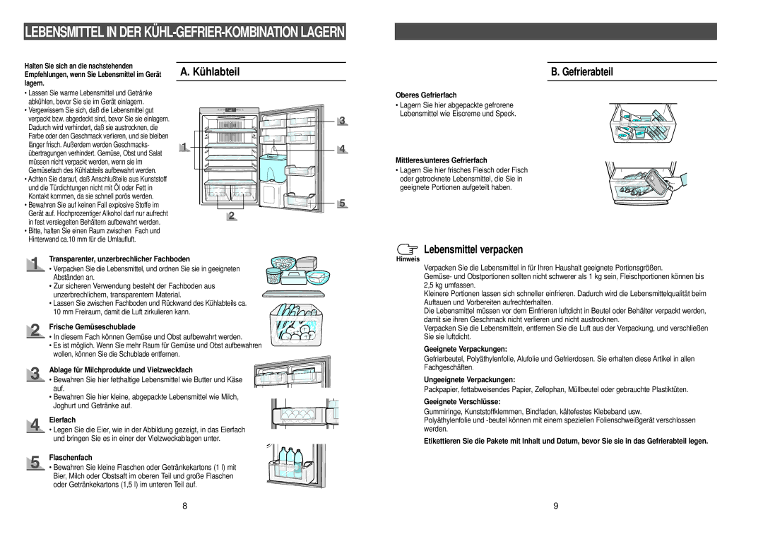 Samsung RL36SBSW1/XEG, RL36EBSW1/XEG, RL38SBSW1/XEG, RL39WBSW1/XEG, RL39WBSM1/XET manual Gefrierabteil, Lebensmittel verpacken 