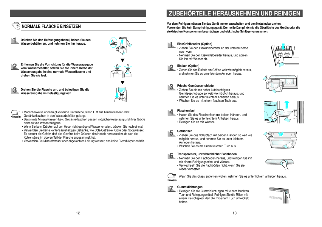 Samsung RL39WBSM1/XEG, RL36EBSW1/XEG, RL38SBSW1/XEG manual Zubehörteile Herausnehmen UND Reinigen, Normale Flasche Einsetzen 