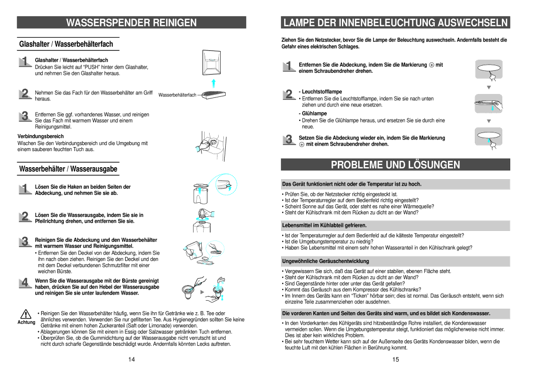 Samsung RL36EBSM1/XEG, RL36EBSW1/XEG Wasserspender Reinigen, Lampe DER Innenbeleuchtung Auswechseln, Probleme UND Lösungen 