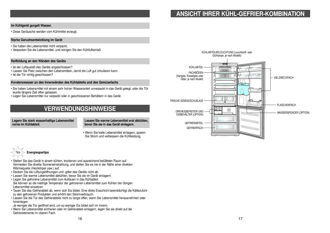 Samsung RL39WBSW1/XEF, RL36EBSW1/XEG, RL38SBSW1/XEG manual Ansicht Ihrer KÜHL-GEFRIER-KOMBINATION, Verwendungshinweise 