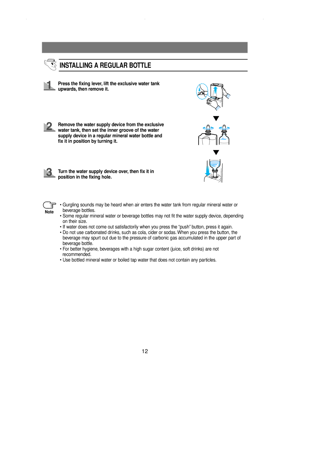 Samsung RL39EBSW1/XEE, RL36EBSW1/XEG, RL39WBSM1/XET, RL39WBSM1/XEG, RL36EBSW1/XEF, RL39WBSM1/XEF Installing a Regular Bottle 