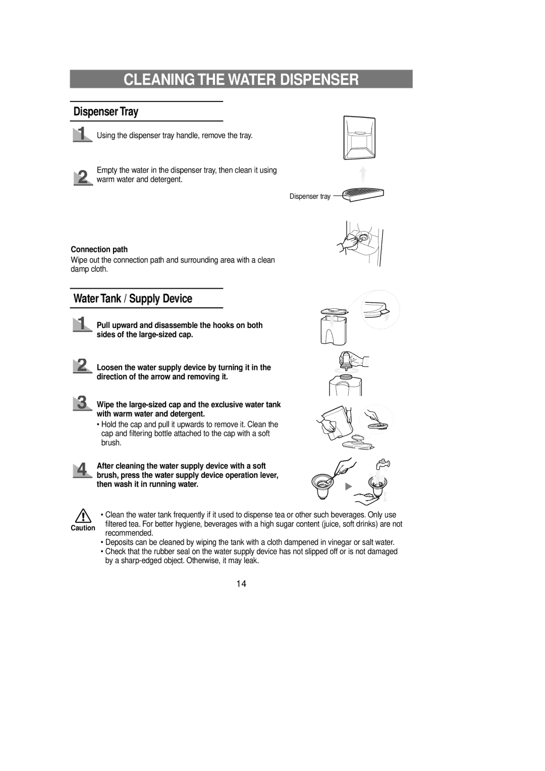 Samsung RL39EBSM1/XEE manual Cleaning the Water Dispenser, Dispenser Tray, Water Tank / Supply Device, Connection path 