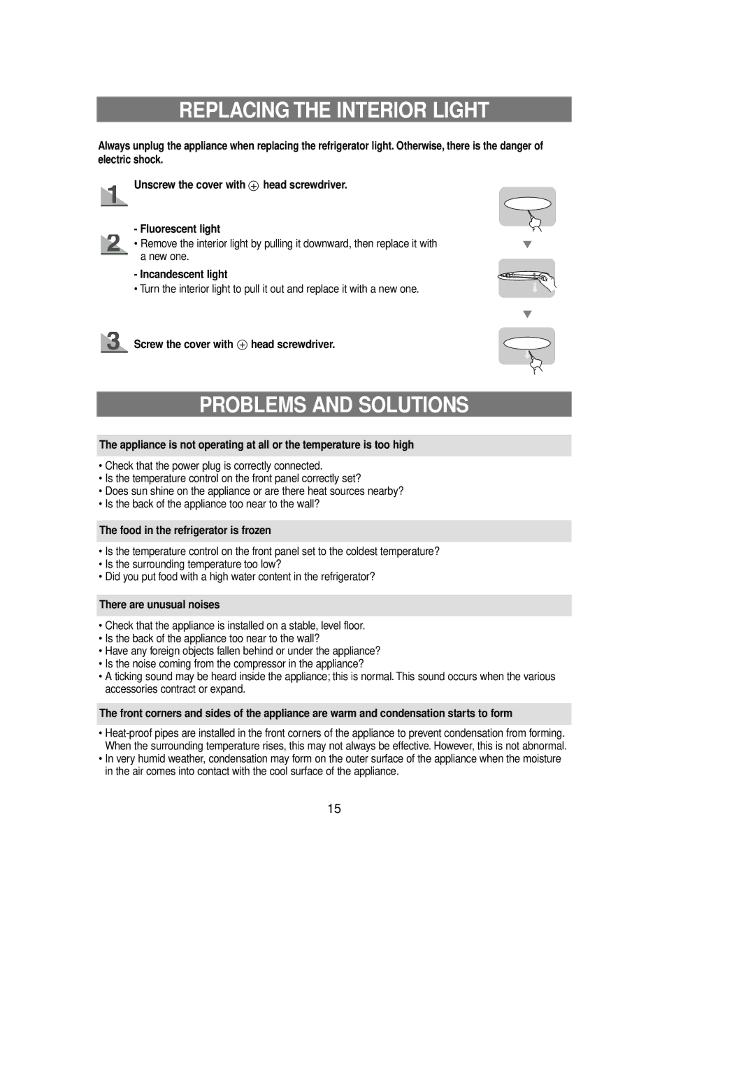 Samsung RL36EBMS1/XEE, RL36EBSW1/XEG, RL39WBSM1/XET, RL39WBSM1/XEG manual Replacing the Interior Light, Problems and Solutions 