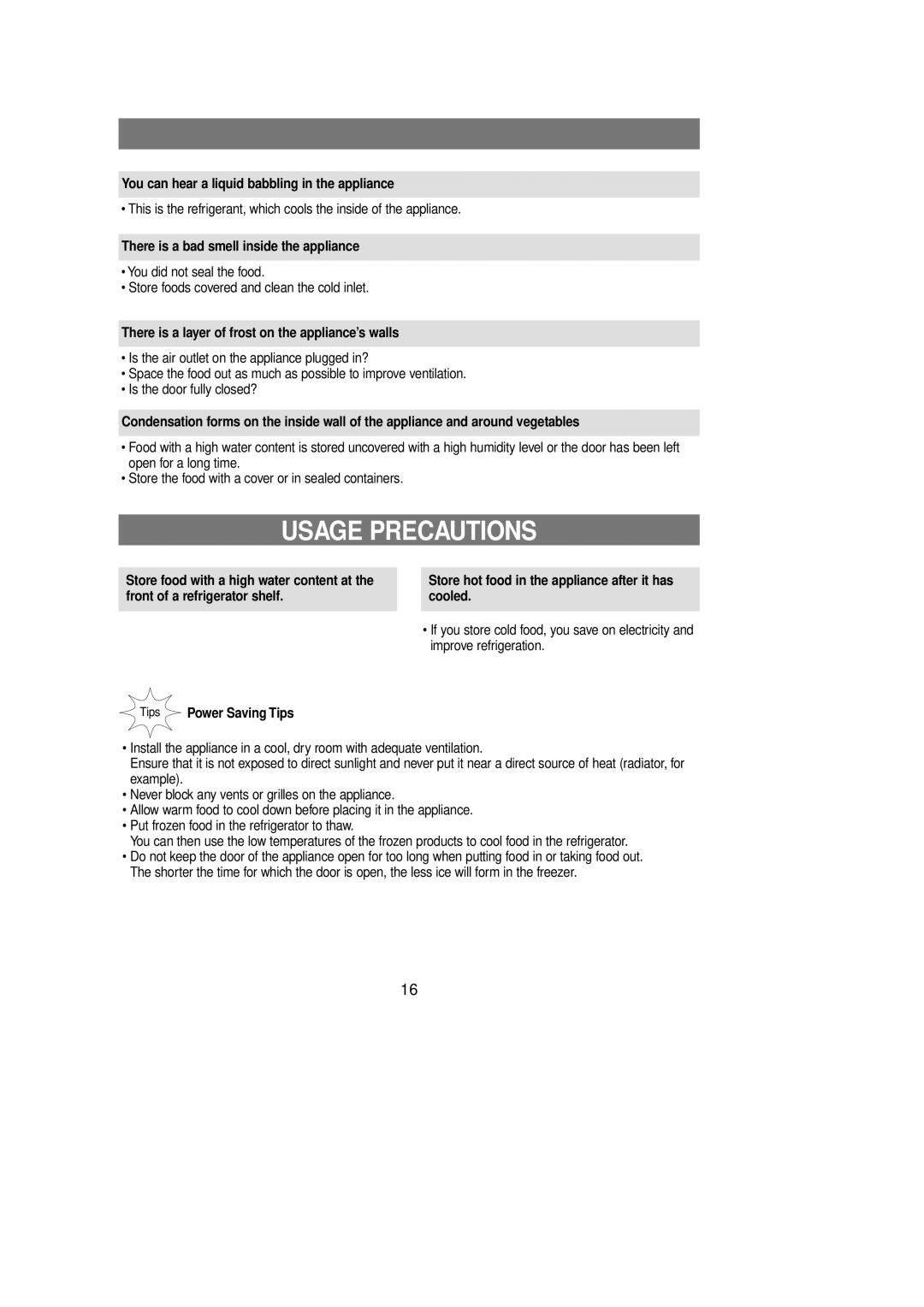 Samsung RL39WBSM1/XEE manual Usage Precautions, You can hear a liquid babbling in the appliance, Tips Power Saving Tips 