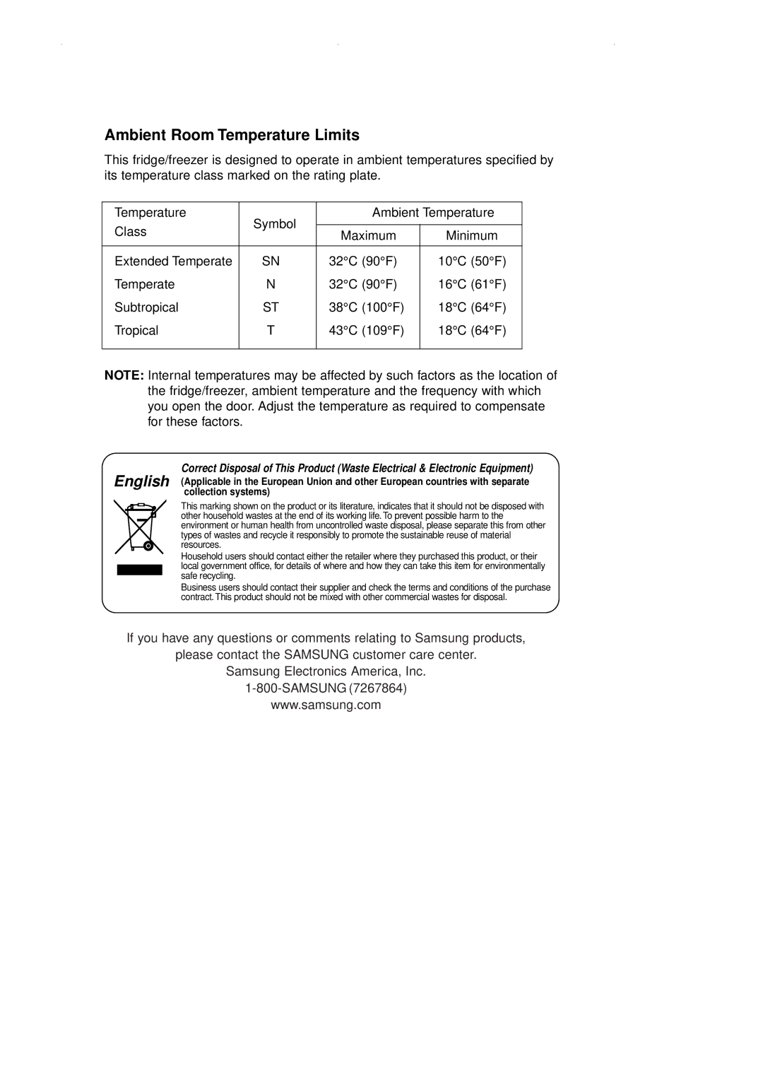 Samsung RL39EBSM1/EUR, RL36EBSW1/XEG, RL39WBSM1/XET, RL39WBSM1/XEG, RL36EBSW1/XEF manual Ambient Room Temperature Limits 