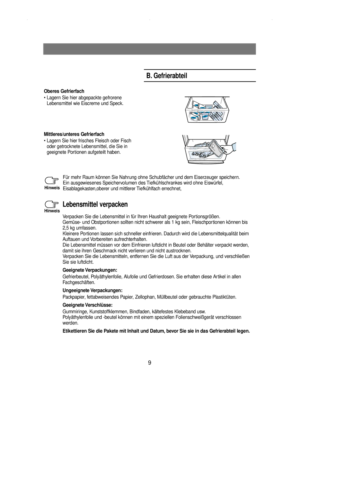 Samsung RL39WBSM1/XET, RL36EBSW1/XEG, RL39WBSM1/XEG manual Gefrierabteil, Lebensmittel verpacken 