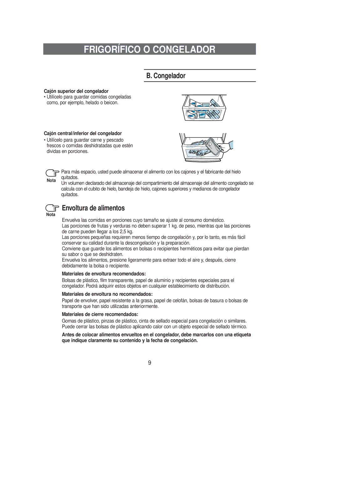 Samsung RL36SBSW2/XES, RL36SBSW1/XEG, RL36SBSW1/XEF, RL39SBSM1/XES manual Frigorífico O Congelador, Envoltura de alimentos 